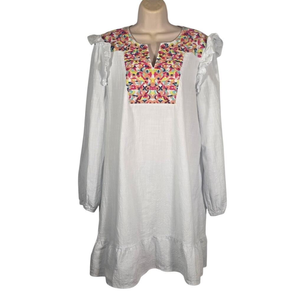 Kirundo White Embroidered Swiss Dot Boho Peasant Dress XL Lined Gauze